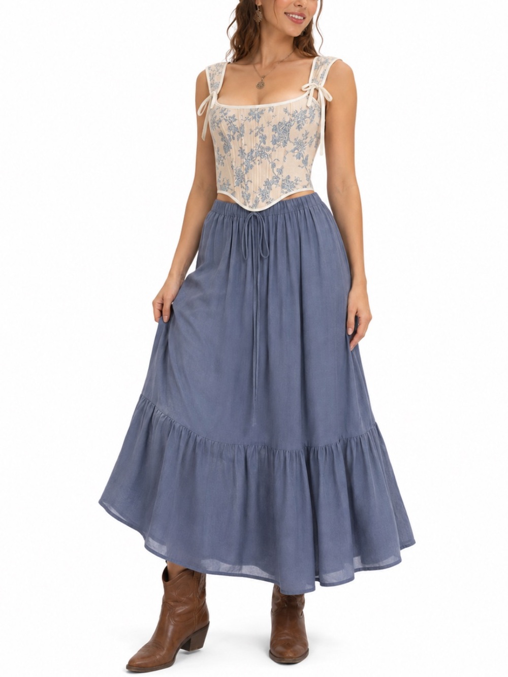 Toile Floral Print Lace Up Ribbon Corset Top Cottagecore Renaissance Festival XL